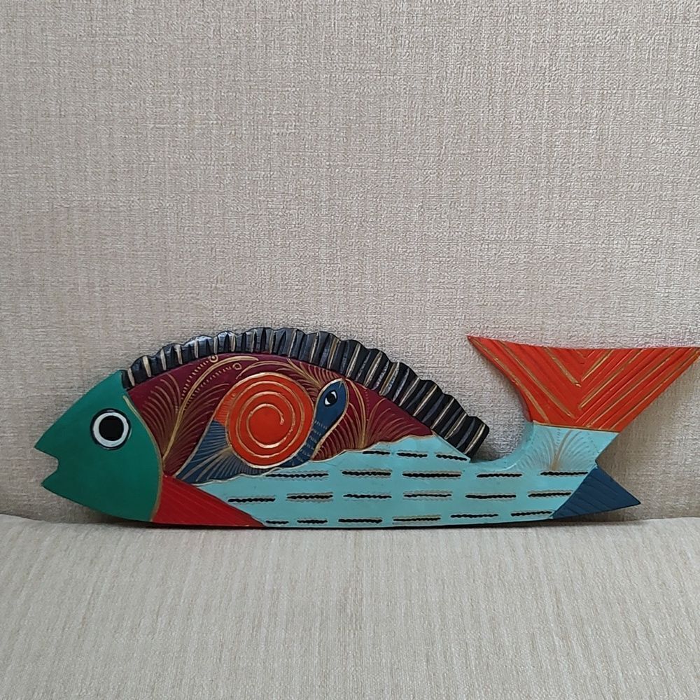 Mexican Folk Art Hand Painted Hand Carved Wooden Fish Artist Signed Shelf Sitter